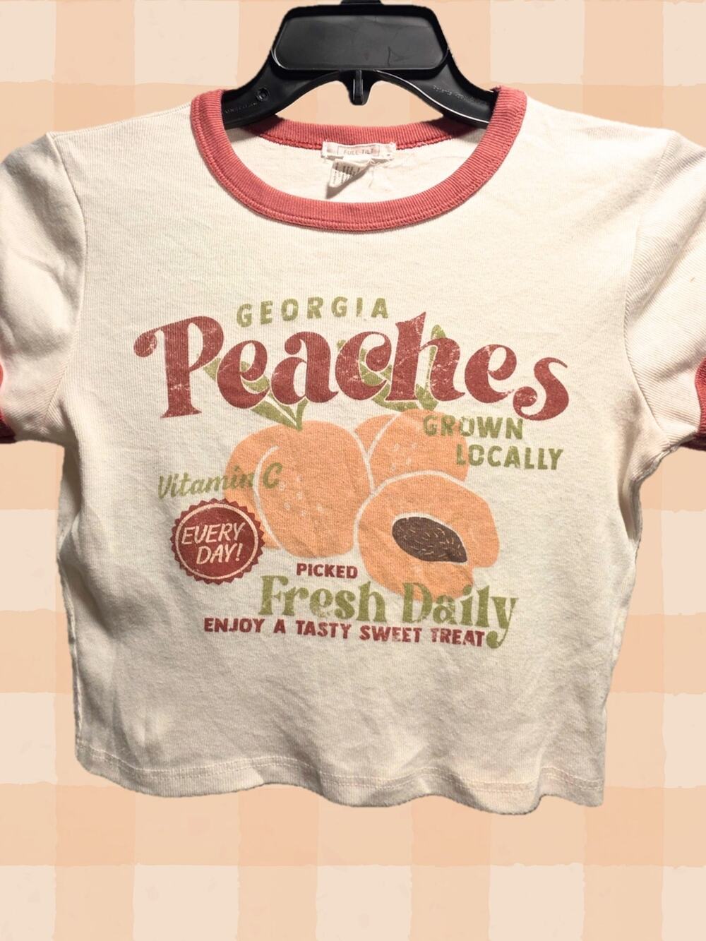 Full Tilt White Crop Tee with Pink Trim & Peach Graphic
